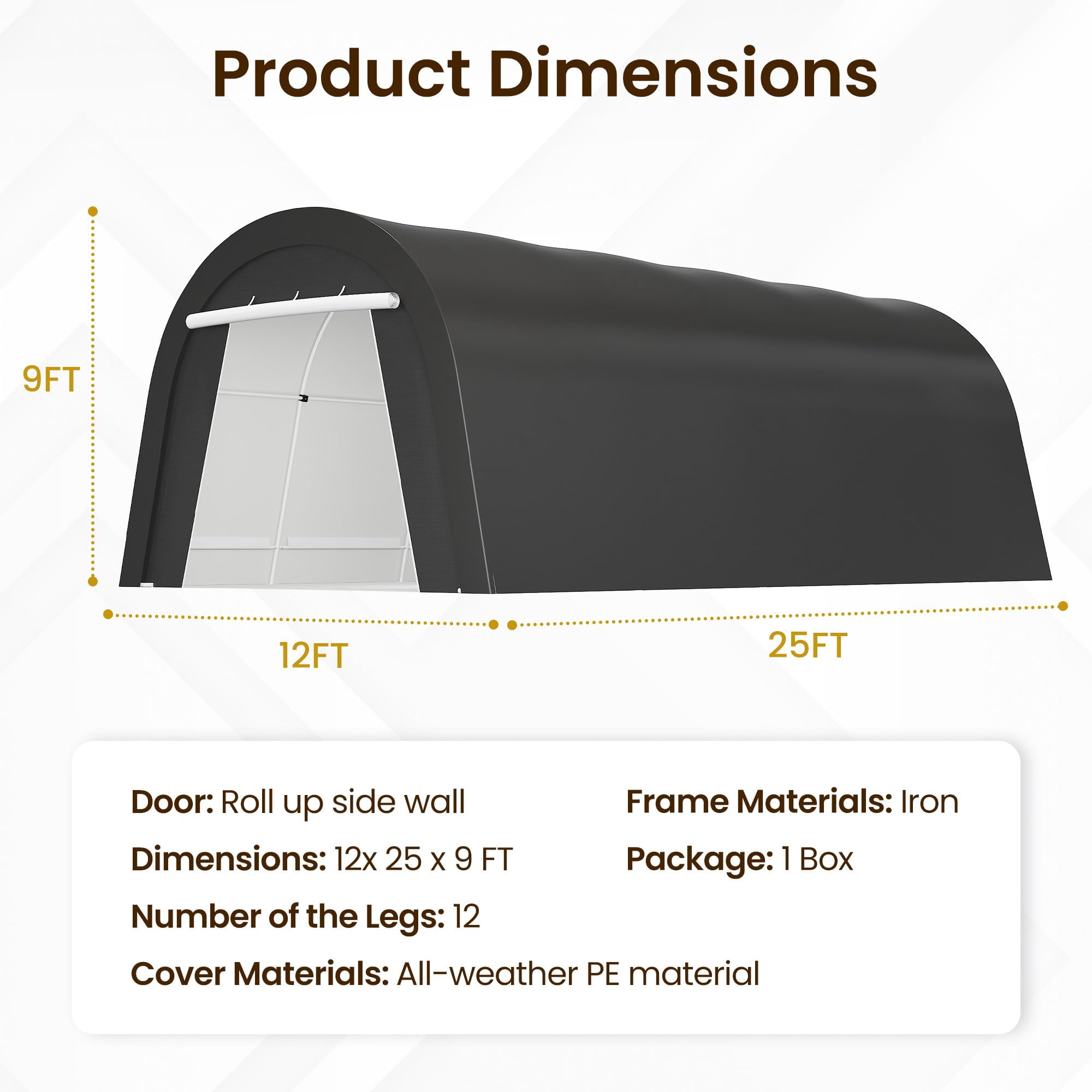 May in Color Domed Carport 12' x 25', Portable Garage with 2 Roll up Doors, Heavy Duty Car Canopy Party Tent, All-Season Storage Shelter Shed Carport for Motorcycle, Boat, Truck, or Garden Tools