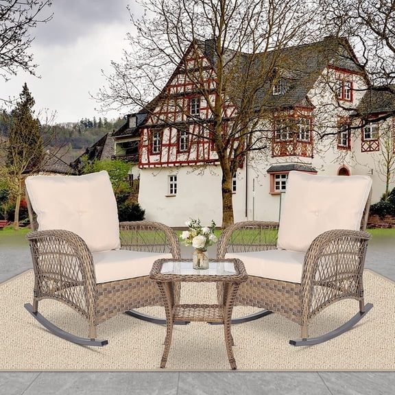 3-Piece Outdoor Wicker Rocking Chair Set, Patio Bistro Conversation Sets with Cushions and Glass-Top Coffee Table, Rattan Furniture Sets for Porch & Backyard, Beige