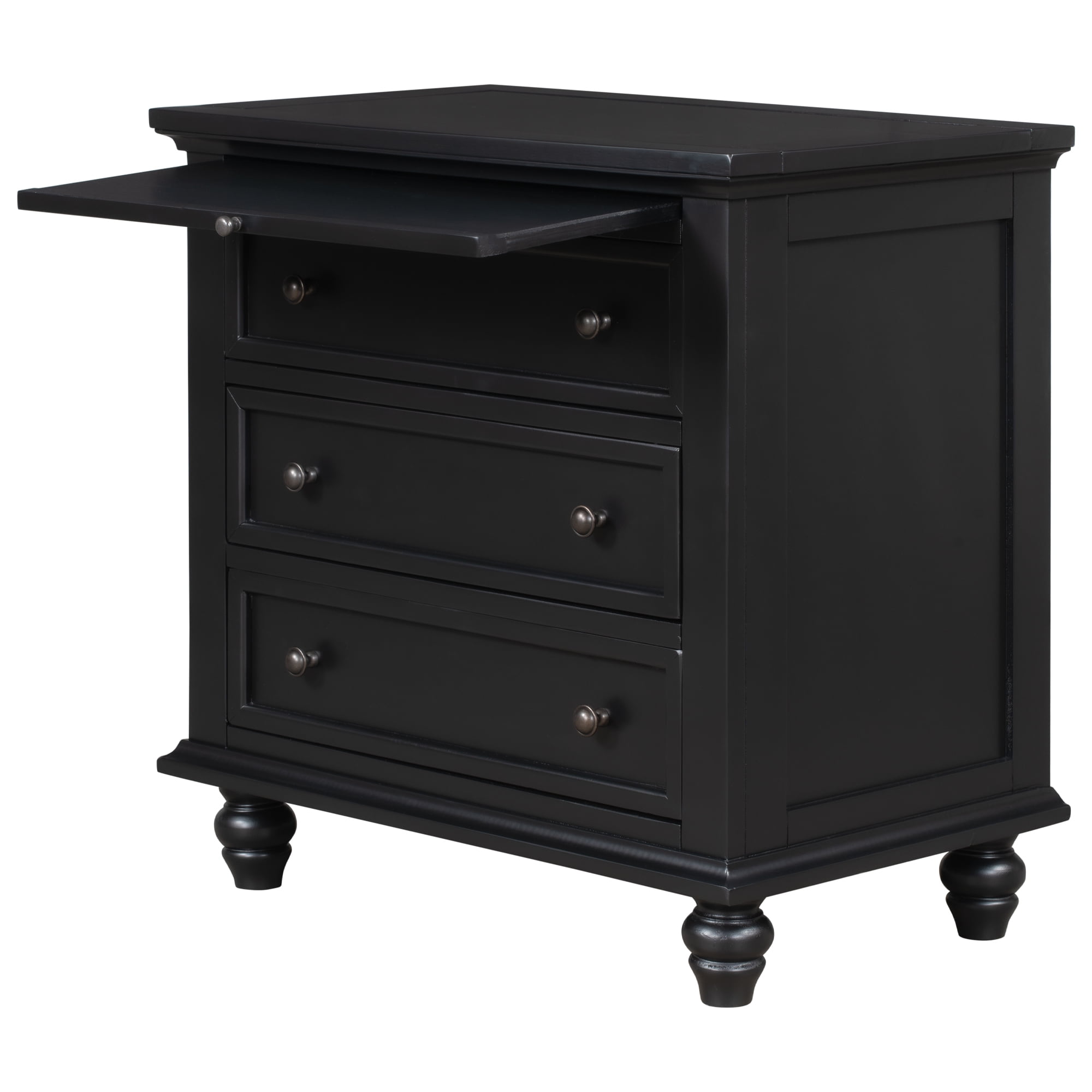 Euroco 28" Nightstand with Pull Out Tray 3 Drawers Rubber Wood Legs, Black