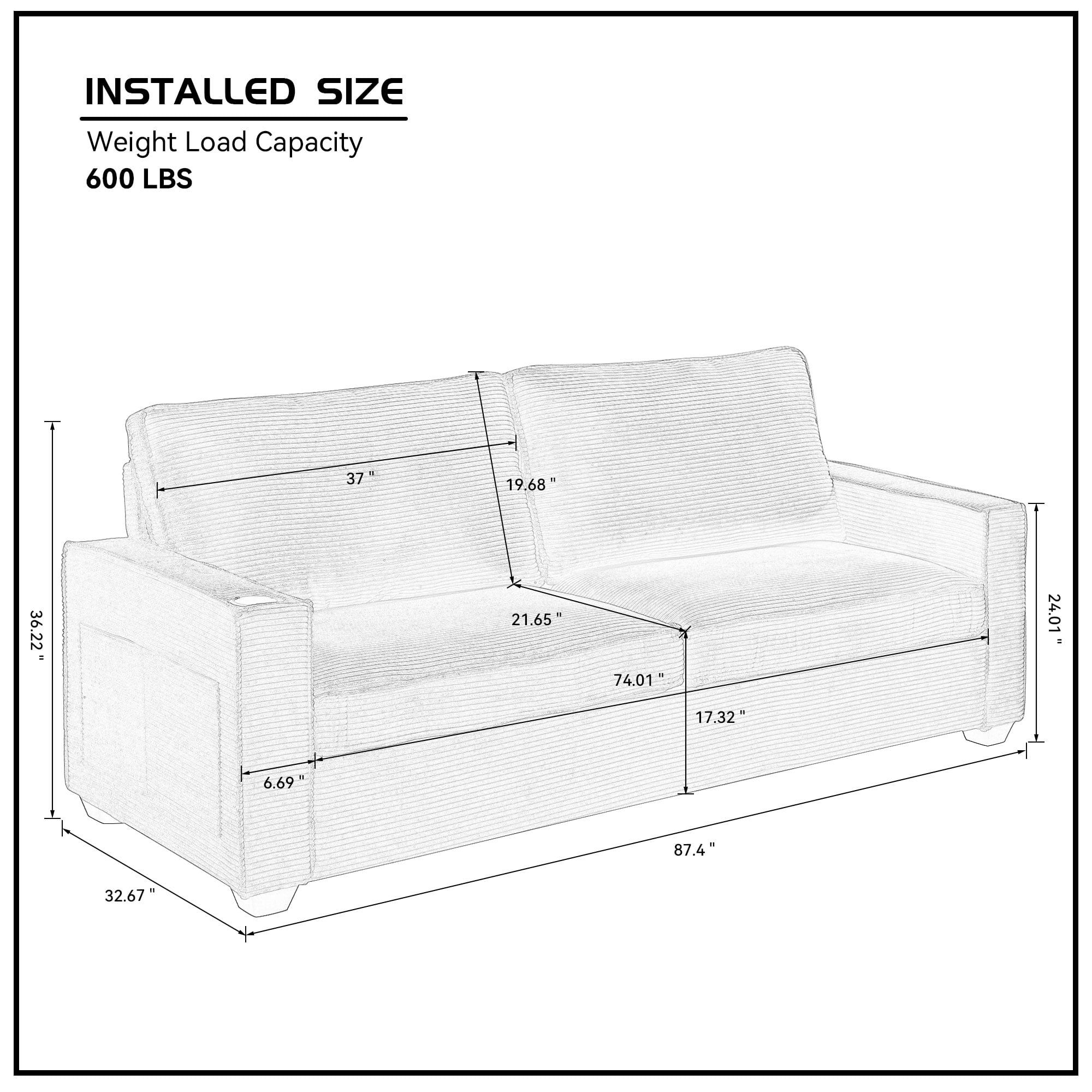 Aukfa 87" Comfy Sofa for Living Room,Deep Seat Loveseat Couch with Cupholder, Corduroy, White