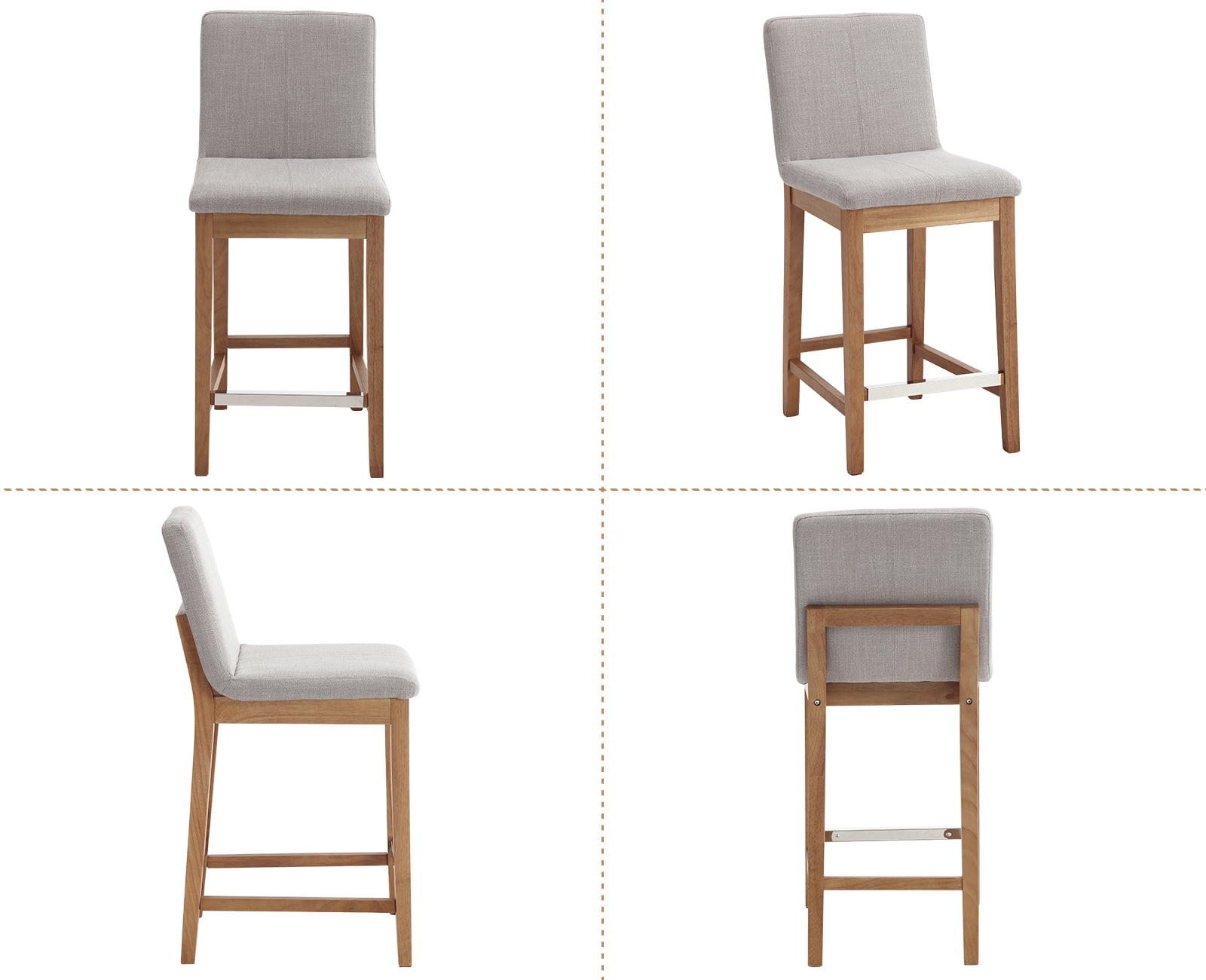 Guyou 26" Counter Height Bar Stools Set of 2, Modern Linen Upholstered Barstools, Rustic Farmhouse Wooden Kitchen Island Chairs with Backrest and Footrest for Dining Room Home Bar Patio Club, Grey