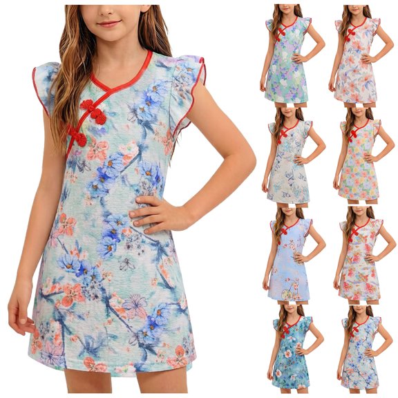 Afuyipoi Girls Sleeveless Sundress Size 1-12 A-Line Floral Print Button Front Cheongsam Dress for Kids Summer Beach Vacation Multicolor Size 2T