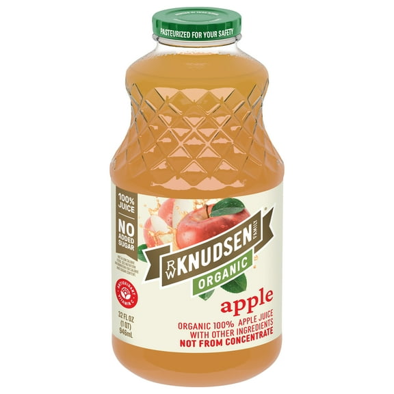 R.W. Knudsen Family Organic Apple Juice, 100% Juice, 32 oz, Glass Bottle, Shelf-Stable
