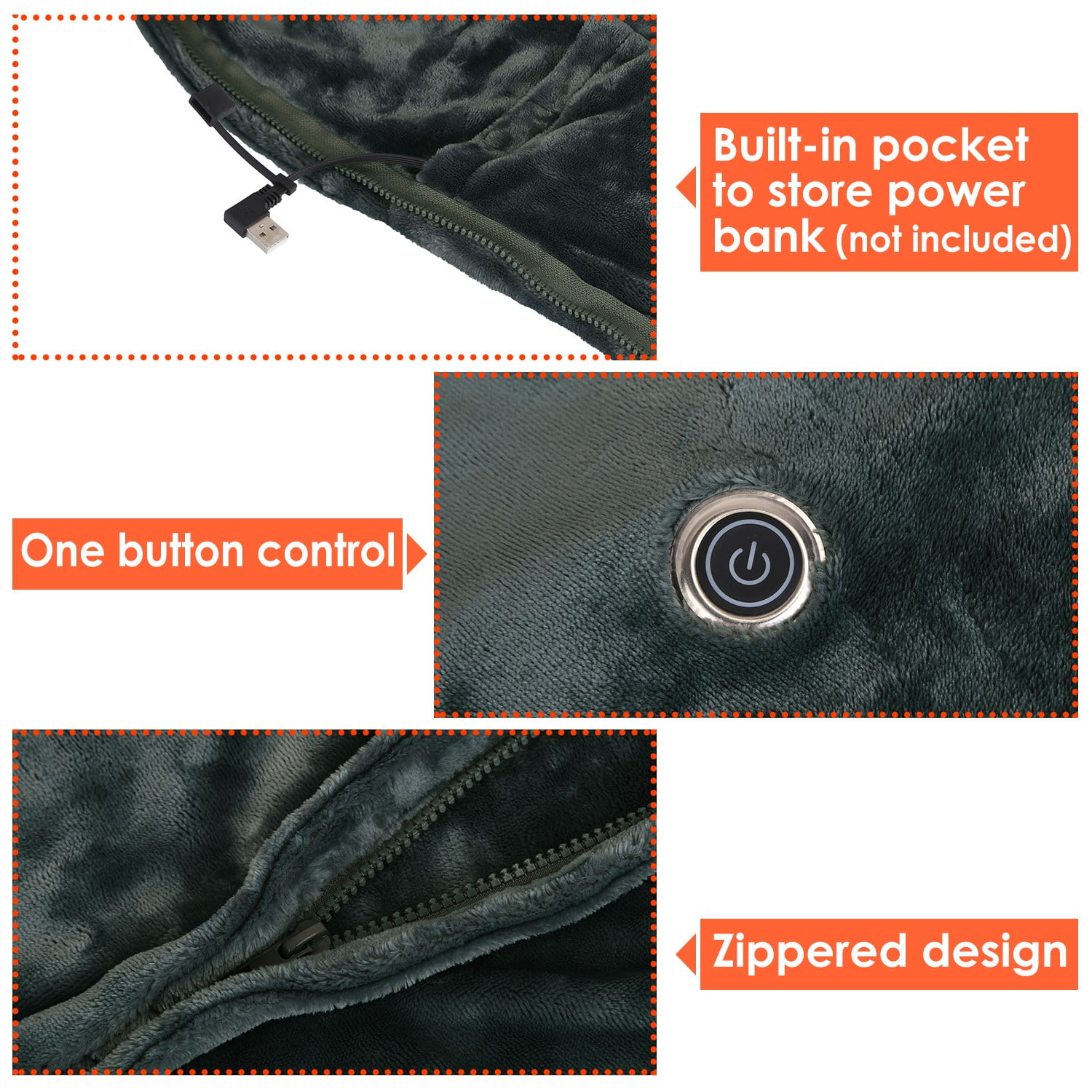 59*31in Electric USB Heated Blanket, Washable Heated Poncho Shawl Wrap Throw with Zipper