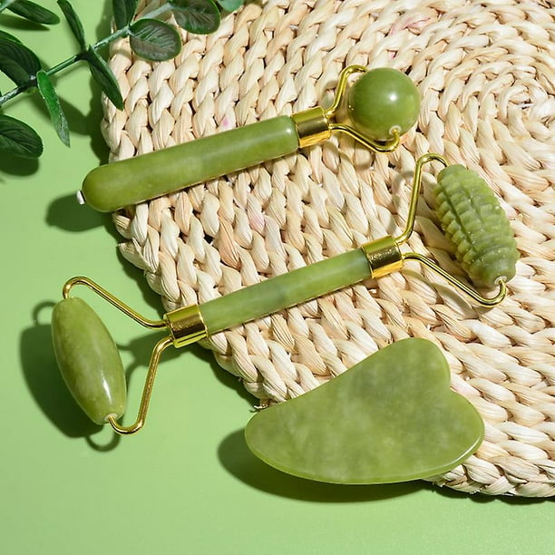 Rodillo Masajeador Facial Jade Piedra Gua Sha Y Cepillo De Silicona Rodillo Y Guasha En Cristal De Jade Verde Kit De Masaje Manual Para Rostro Contorno De Ojos Y