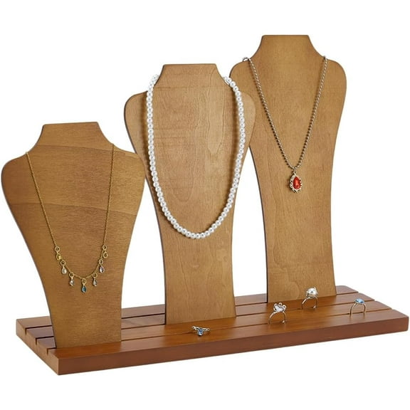 Wood Necklace Display Stands 3-Row Necklace Holder Wooden Necklace Display Rack with 3 Removable Displays Bust Jewelry Display for Necklaces Rings Craft Selling Vendors Showcase Storage