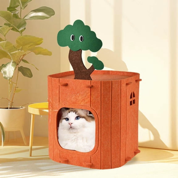 Cat Cave Bed with Tunnel - Enclosed Foldable Felt Cat House, Scratch Resistant Washable Indoor Cat Hideaway, Cozy Pet Bed for Cats (Orange)