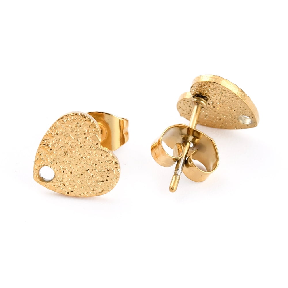 Ion Plating(IP) 304 Stainless Steel Stud Earring Findings with Ear Nuts/Earring Backs and Hole Heart Shape with Textured Golden 8.4x9x1mm Pin: 0.8mm