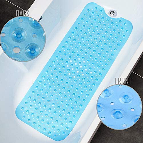 Bison Large Bath Tub Mat Extra Long 40x16” Safe Non-Slip Bathtub and Shower Mats with Drain Holes & Suction Cups Machine Washable Bathroom Mats,White