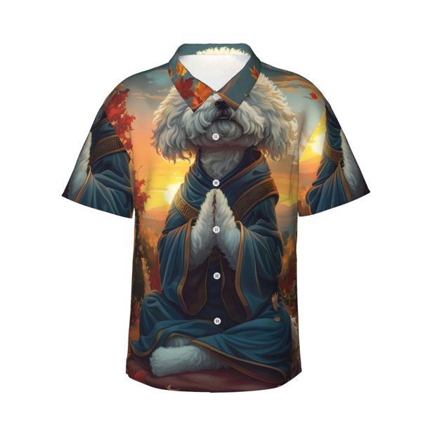 Fotbe Sunset Meditating Bichon Frise Camisa Hawaiana para Hombre Unisex – Camisa Casual de Verano con Botones de Manga Corta de Algodón y Lino,XX-Large