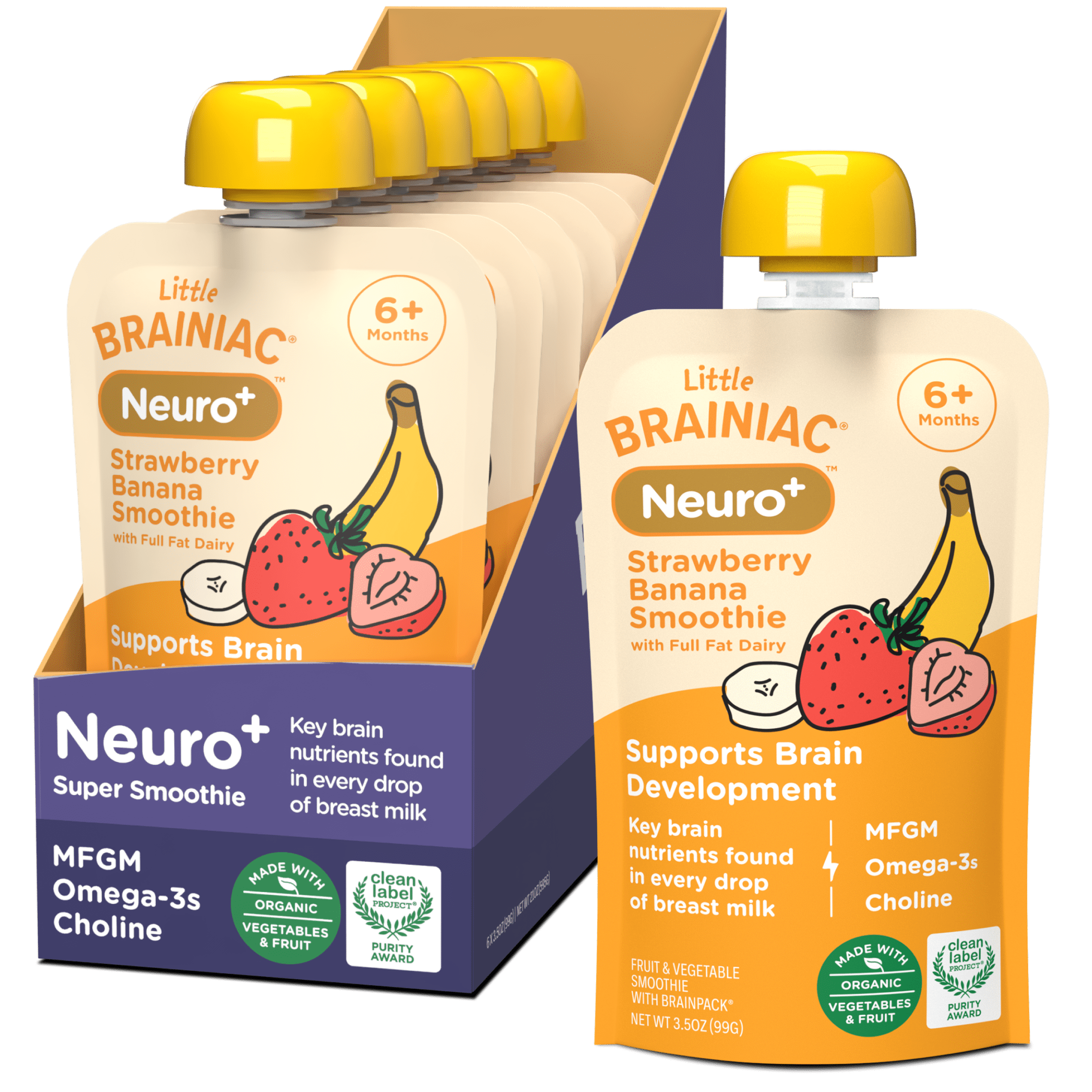 Little Brainiac Neuro+ Smoothie Baby Food Pouch with Omega-3s, Strawberry Banana, 3.5oz, 6ct