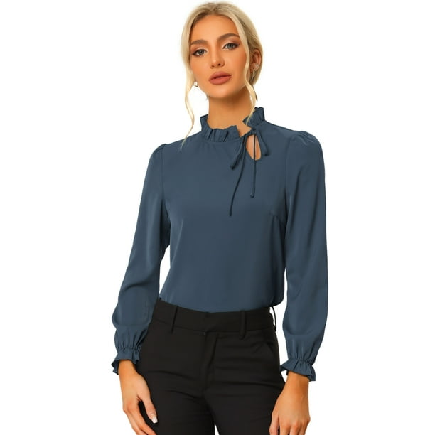 Blusa De Trabajo De Manga Larga Con Cuello Alto Y Volantes Elegantes Para Mujer Azul Oscuro M Allegra K Camisa superior de ojo de cerradura solida beige Walmart en linea
