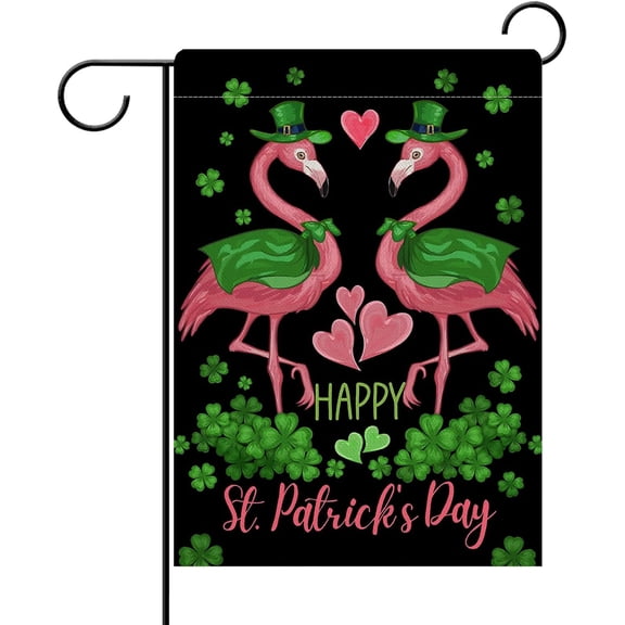 Happy St Patricks Day Flamingo Decorative Garden Flag, Lucky Shamrock Clover Black Yard Outside Home Decorations, Spring Irish Love Hearts Burlap Outdoor Small Decor Double Sided 12 x 18