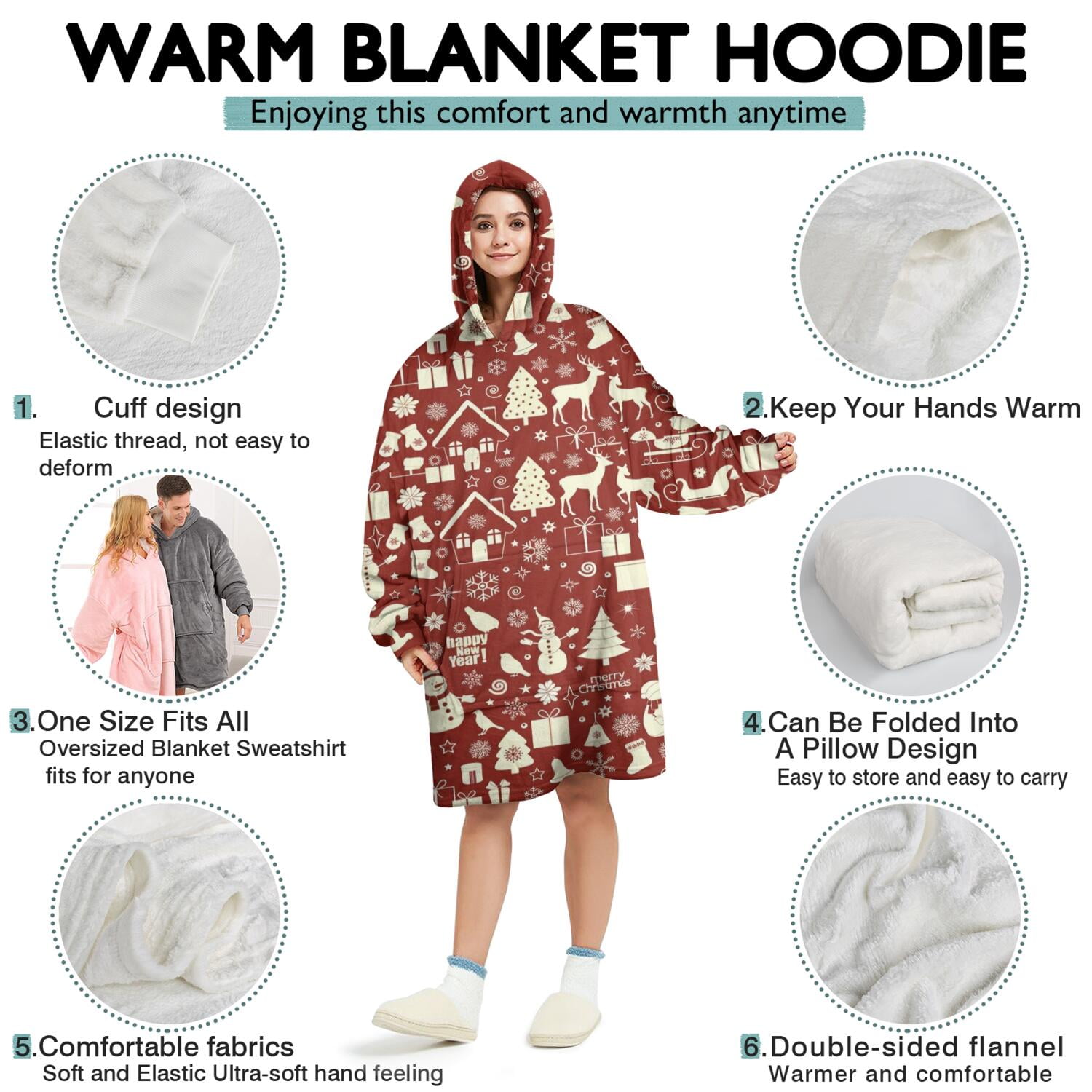 Wearable Oversized Blanket,Red Christmas Icon Pattern Wearable Blanket Hoodie for Adults,Cozy Hooded Blankets with Super Pockets,Super Warm Fuzzy Pullover for Women & Men