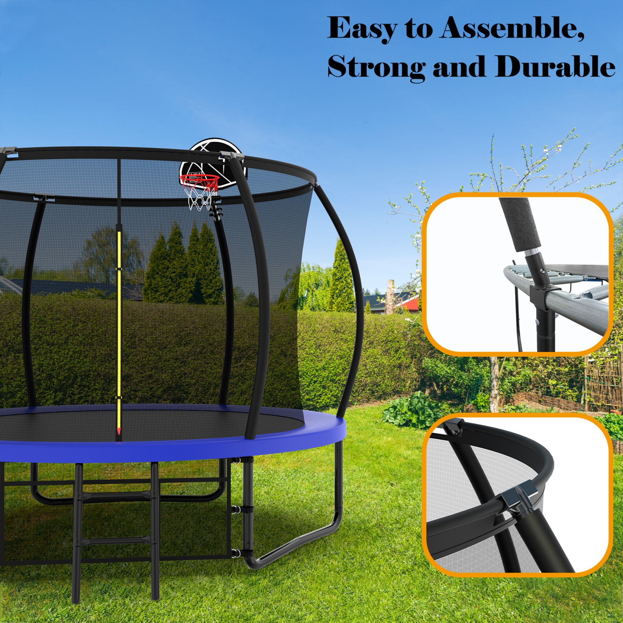 Leumius 10FT Trampoline with Enclosure Net,Heavy Duty Yard Pumpkin Trampolines with Ladder,Outdoor Recreational Trampolines for Kids and Adults,Blue