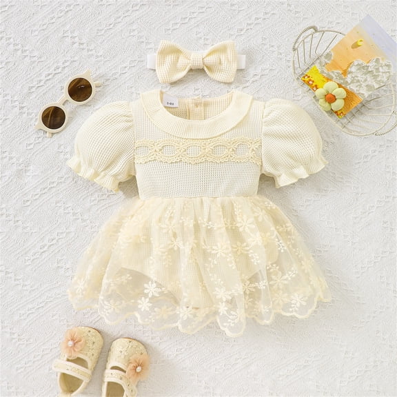 MEZZALL Bodysuits Baby Girl Lace Dress Short Sleeve Baby Romper Dress Mesh Girl Summer With Headband O-Neck Infant Boho Back To School Onesie