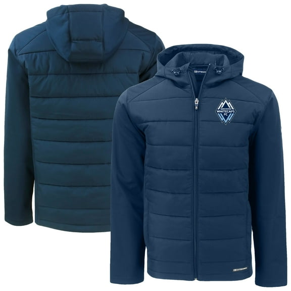 Men's-Cutter & Buck  Navy Vancouver Whitecaps FC Evoke Hybrid Eco Softshell Recycled Full-Zip Hoodie Jacket
