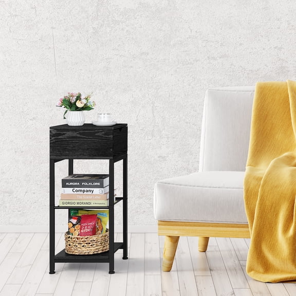 Black 3‑Tier Side Table with Sliding Top & Charging Station, Narrow Nightstand with Metal Mesh Shelf