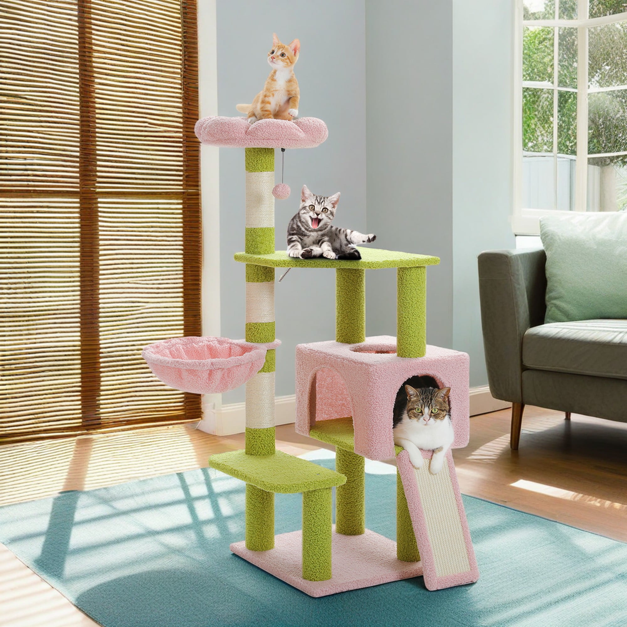 Pefilos 47" Flower Cat Tree Tower for Indoor Cats, Cat Condo with Pink Top Perch for Kittens, Cat Tree House with Sisal Scratching Posts, Pink