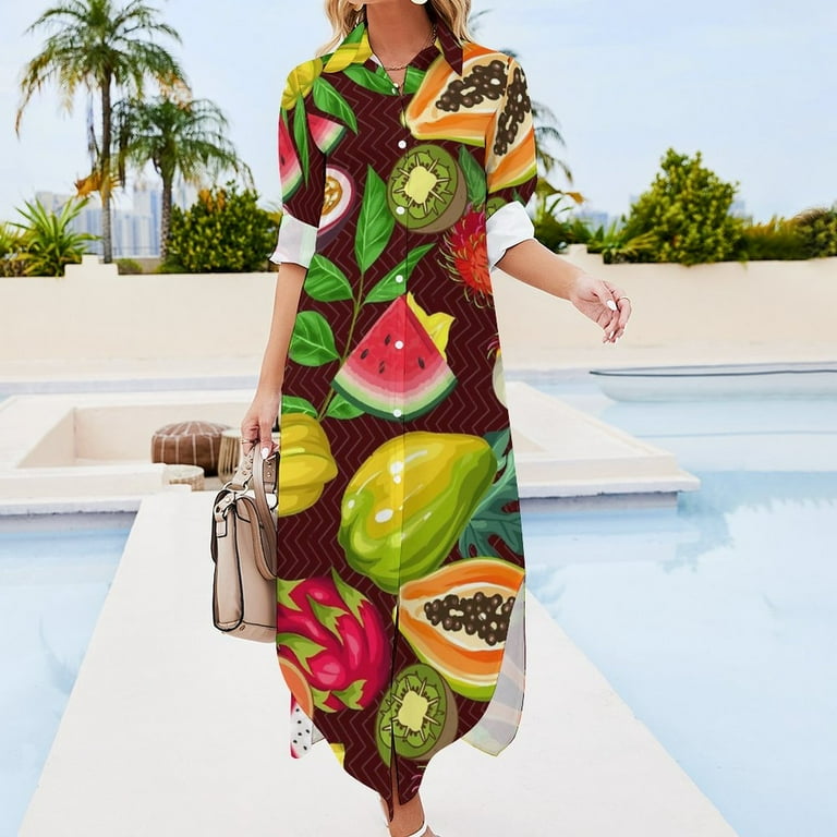 2024 Tropical Fruit Print Chiffon Dress Colorful Fruits