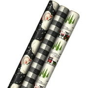 Hallmark Black Christmas Wrapping Paper with Cut Lines on Reverse (3 Rolls: 120 sq. ft. ttl) Retro Santa, Black and White Buffalo Plaid, Train and Trees