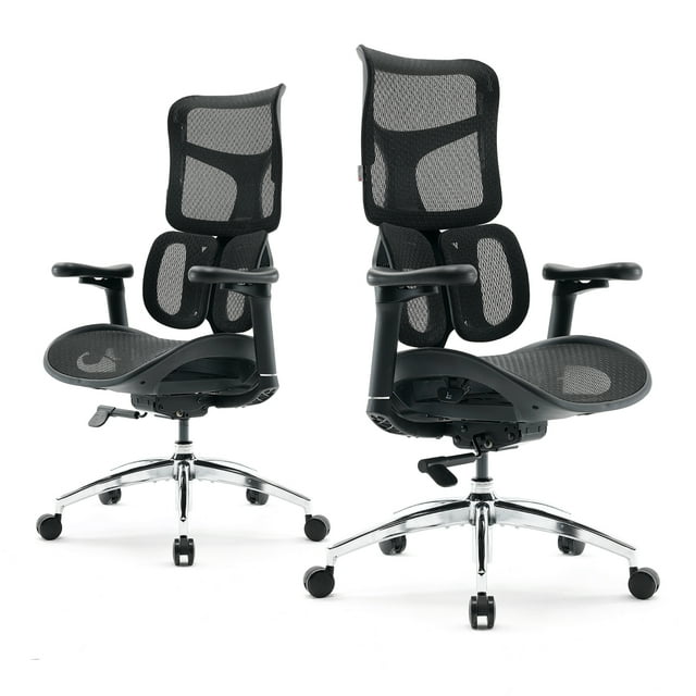 SIHOO S100 Ergonomic Office Wheels Chair in black, featuring dual dynamic lumbar support with a 4-spring adaptive mechanism for personalized spine alignment. The chair includes 4D adjustable armrests with height, slide, rotation, and reclining synchronization. It has a 5-level adjustable backrest with breathable mesh and a dual-wing lumbar cushion, suitable for users 150–190cm tall. The seat has a waterfall-edge design for weight distribution and improved circulation. The chair is supported by a polished chrome base with smooth-rolling casters.