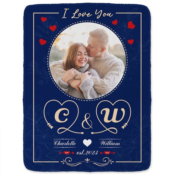 Custom Photo I Love You - Loving Gift For Couples - Personalized blue Fleece Blanket
