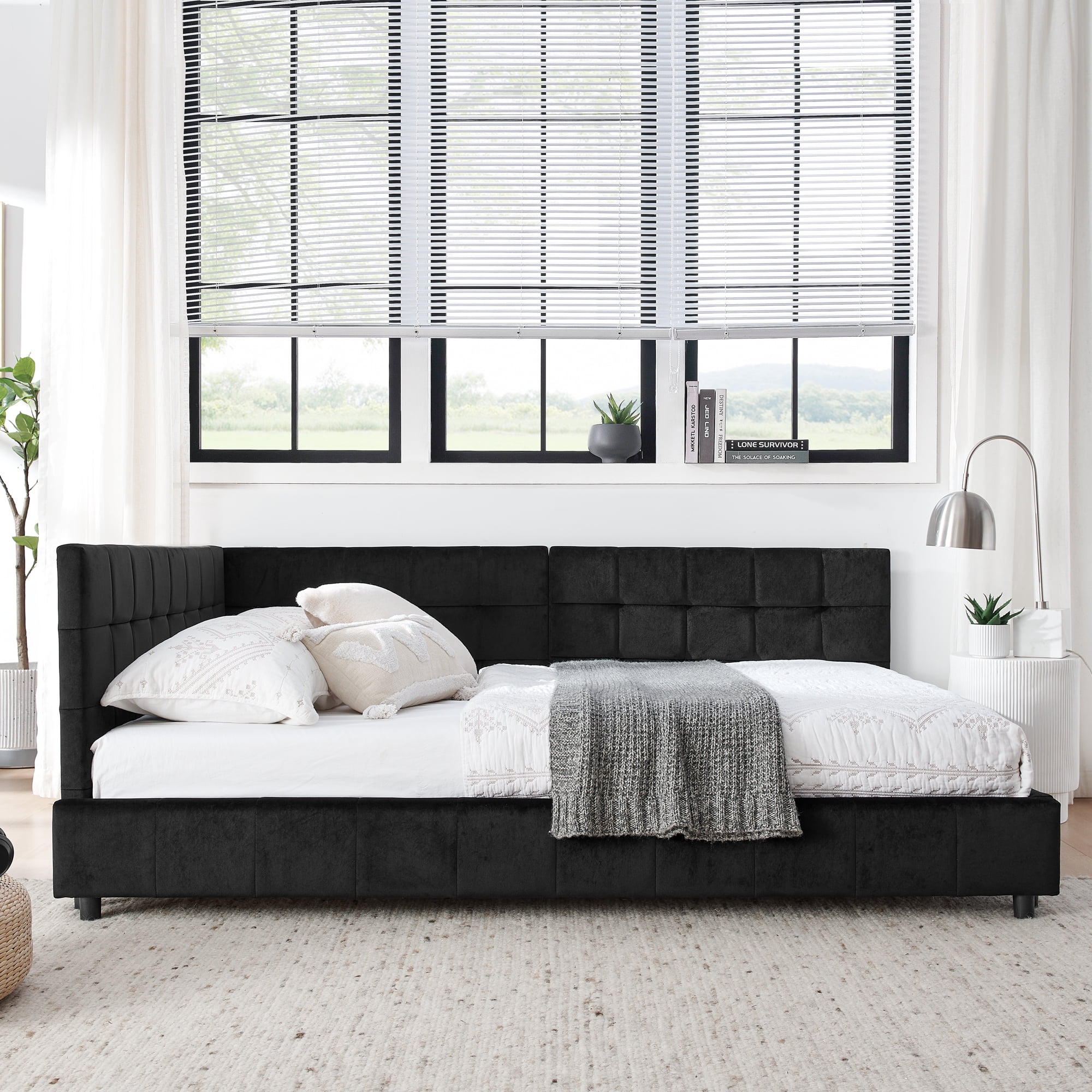Gewnee Black Velvet Upholstered Full Size Multifunctional Daybed Sofa - Solid Eucalyptus Wood Frame with Backrest for Bedroom and Living Room