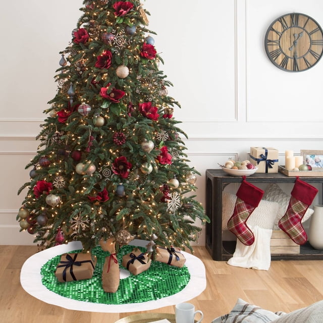 Polyester Christmas Tree Skirt 80cm Christmas Tree Skirt Cloth Green Classic Elementals Design for Festive Holiday Decorations(1PCS) JASKFLY