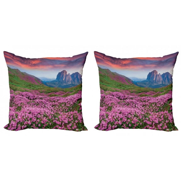 Ambesonne Landscape Throw Pillow Cover 2 Pack, Mountain Village Fall, 18", Pink Green