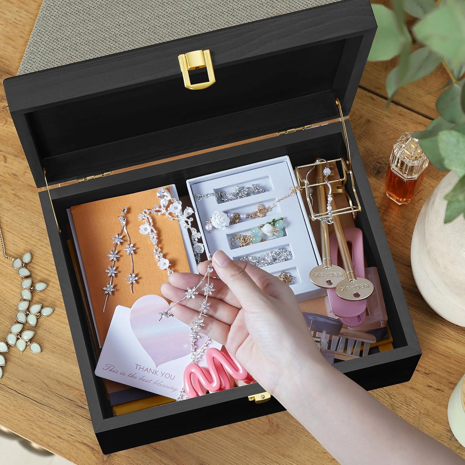 Large Wooden Keepsake Box, Black Memory Box, Decorative Storage Box with Hinged Lid, Large Card Box