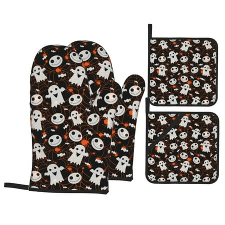 

Oven Mitts and Pot Holders Sets 4 pcs - halloween spider web ghost Heat Resistant Silicone Oven Gloves with Non-Slip Silicone Surface and hot pads for kitchen Baking Cooking BBQ