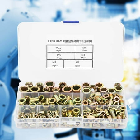 

180pcs M3-M10 Rivet Nut Kit Zinc Plated Carbon Steel Flat Head Threaded insert Rivet Nutsert