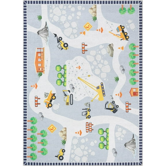 Well Woven Construction Vehicles Rug Playmat Grey Multicolor 3'3" x 5' Apollo Kids Collection