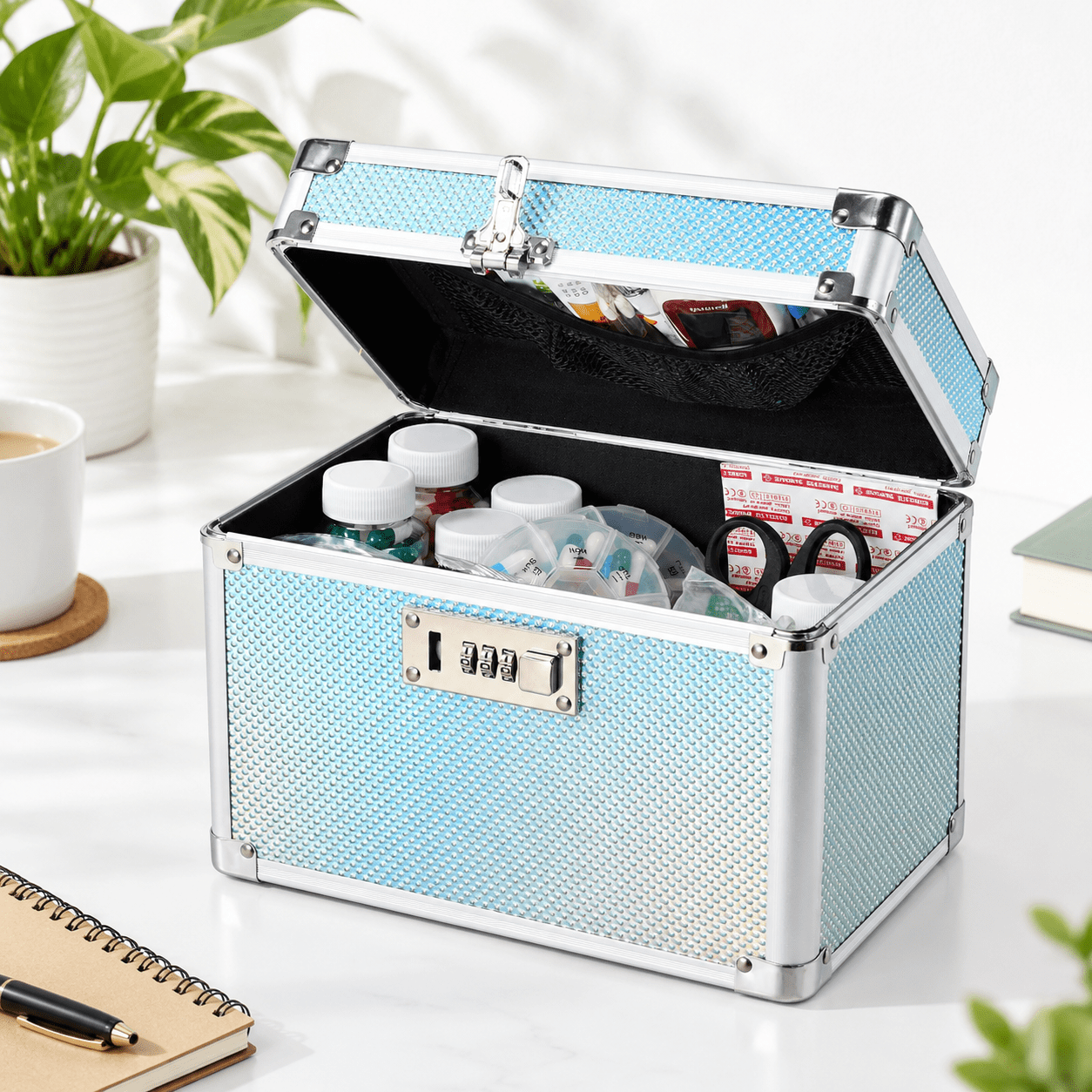Lockable Storage Safe Turquoise 10-inch Portable Lock Box for Home Dorm Office or Travel