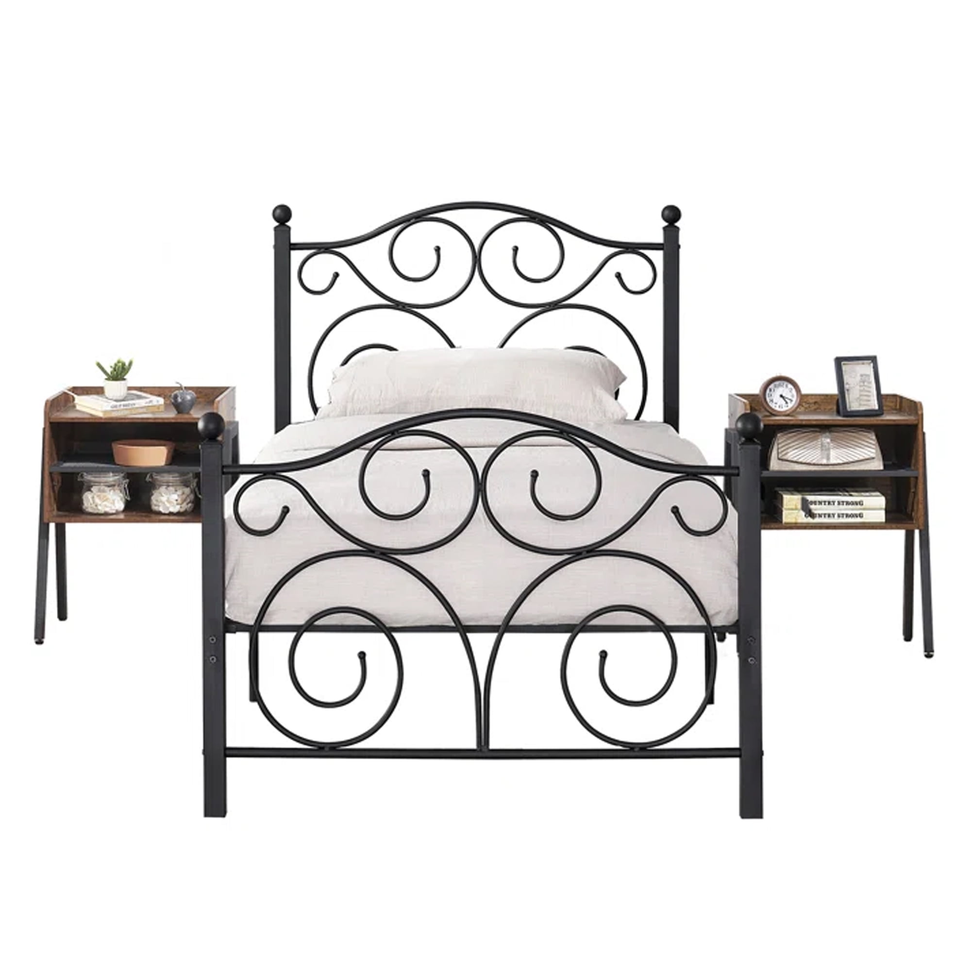 VECELO 3piece Bedroom Set Twin Size Metal Platform Bed Frame and 2 Stackable Nightstand