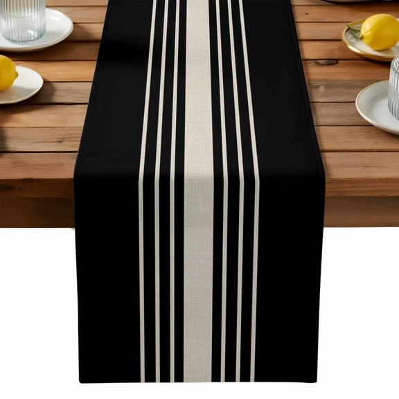 Black Beige Striped Cotton Linen Table Runner for Dining Kitchen, Modern Farmhouse Retro Lines Wedding Outdoor Party Tablerunners Decoration, Dresser Scarf Coffee Tablecloth Runners 13x36 Inches