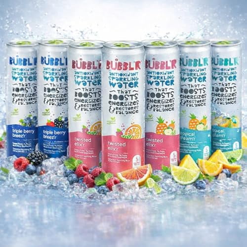 Bubblr Antioxidant Sparkling Water - Triple Berry Breez'r, Tropical Dream'r, Twisted Elix'r - Variety Pack, 0 Suger, 69 Mg Caffine, Sparkling Water 12 Fl Oz (Pack Of 7) (Packaging may Vary)