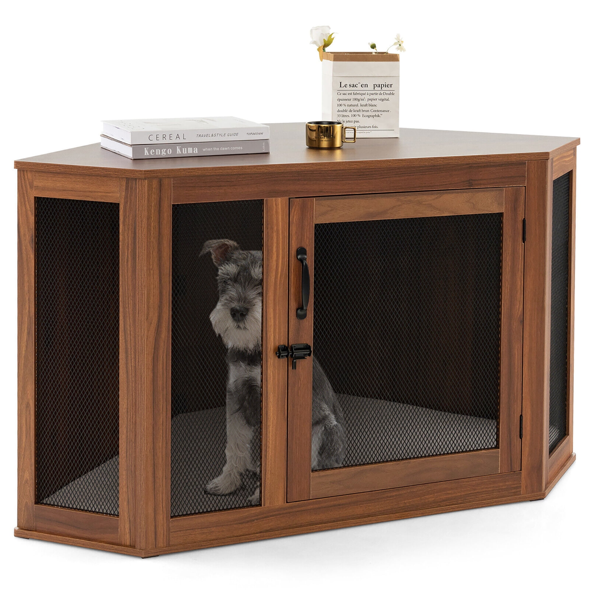Gymax Wooden Corner Dog Crate Furniture Pet Kennel End Table Cage w Door Mesh Walmart