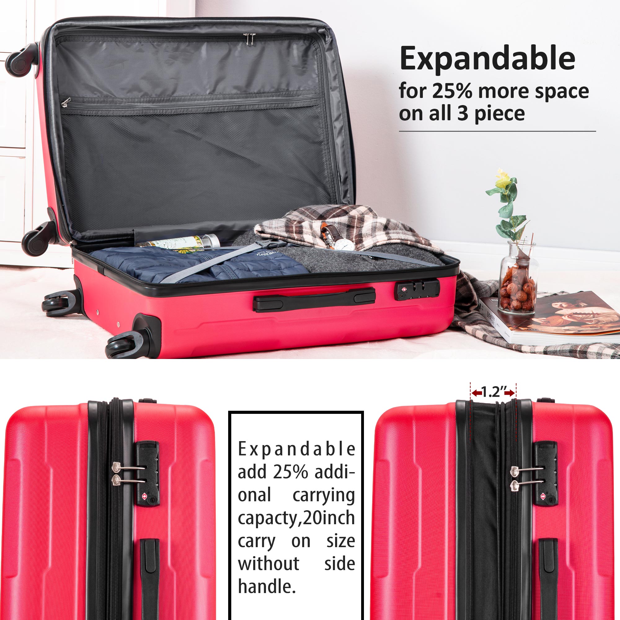 SEGMART Expandable Luggage Sets of 3, 3-Piece Lightweight Hardside 4-Wheel Spinner Luggage Set: 20"/ 24''/ 28" Carry-On Checked Suitcase, Carry on Suitcase with TSA Lock for Traveling, Red, S6564 - image 2 of 8