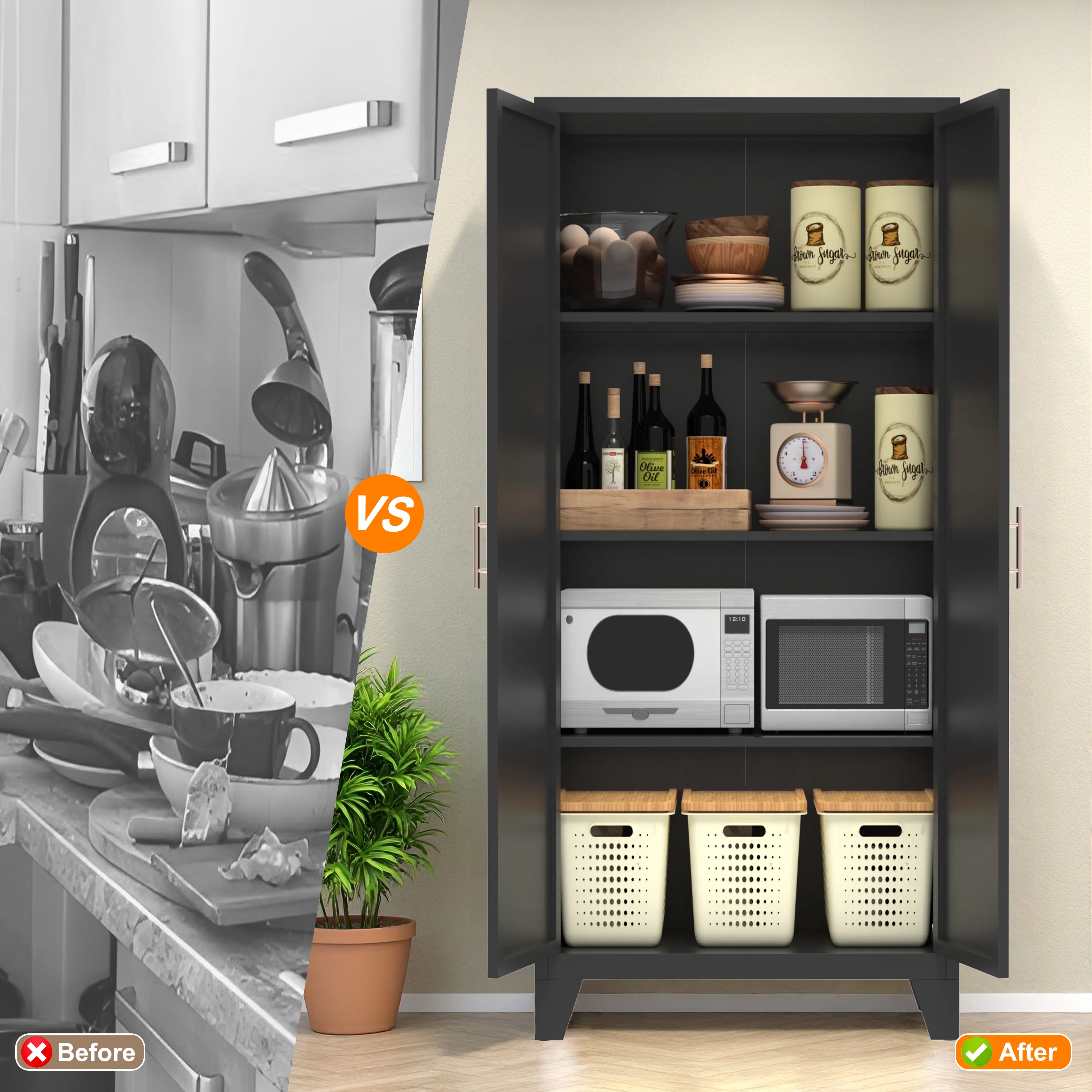 avobird 61'' 2 Shapely Doors Cabinet, Metal Storage Cabinet with Doors and Adjustable Shelves, for Bedroom, Living Room, Kitchen, Black