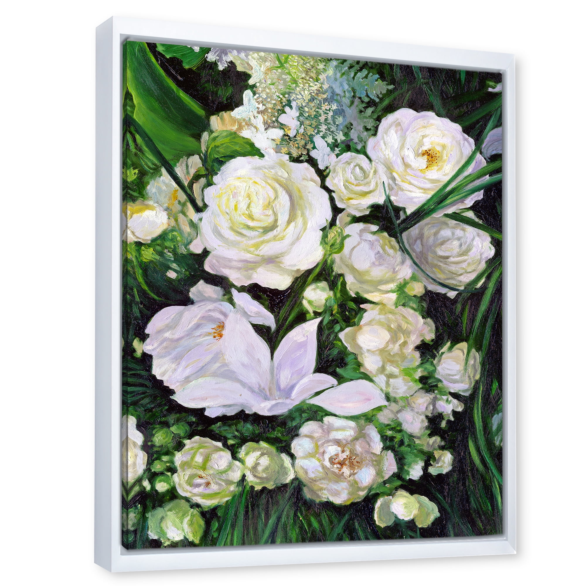 Designart 'Bouquet Of White Roses With Green Leaves' Traditional Framed Canvas Wall Art Print
