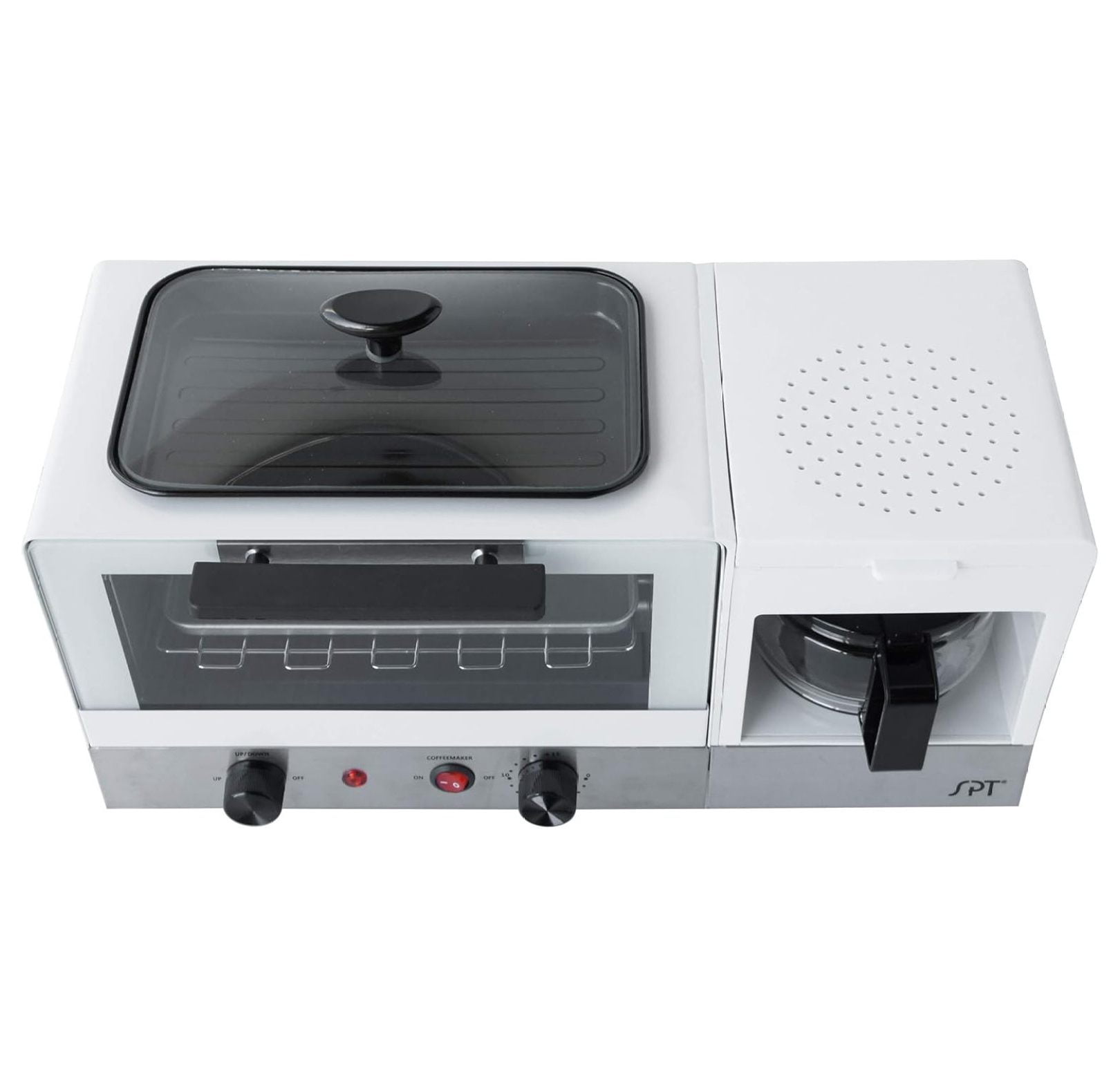 3-in-1 Breakfast Maker - Toaster Oven, Coffee Maker & Griddle - Stainless Steel & White - Compact Kitchen Appliance for Dorms, RVs, & Small Spaces