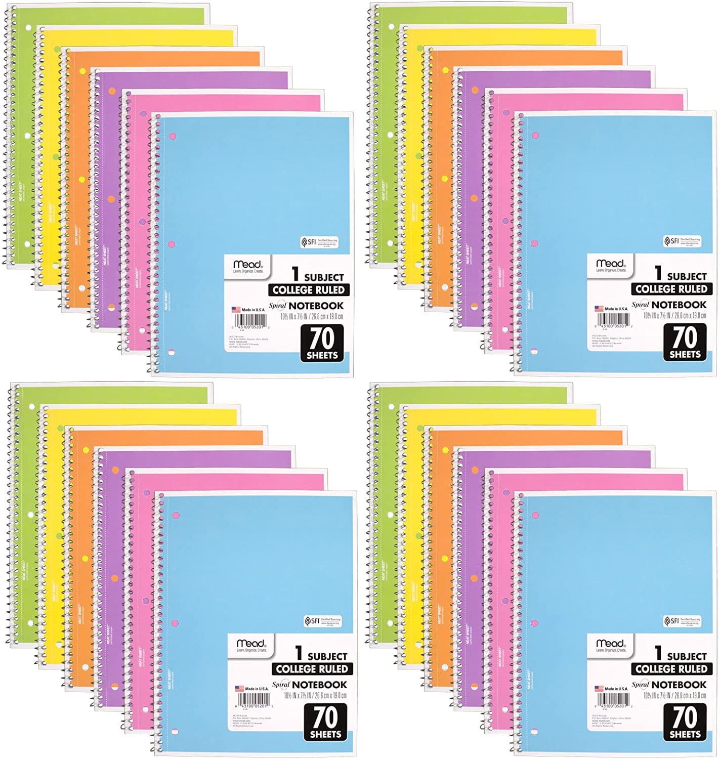 Mead Spiral Notebook, 24 bulk Pack 1Subject College Ruled, Pastel