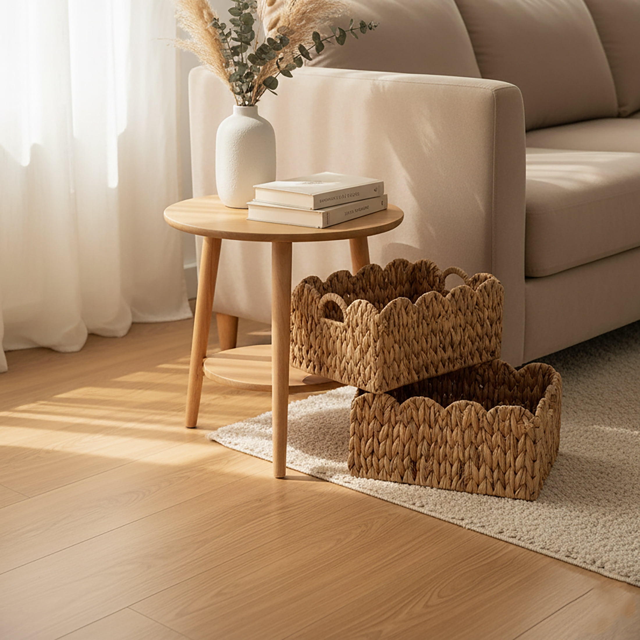 LAQUEDECRAFT Wavy Edges Water Hyacinth Storage Baskets with Handles | Perfect for Towels, Toys & Home Décor in Living Room, Nusery, Bathroom