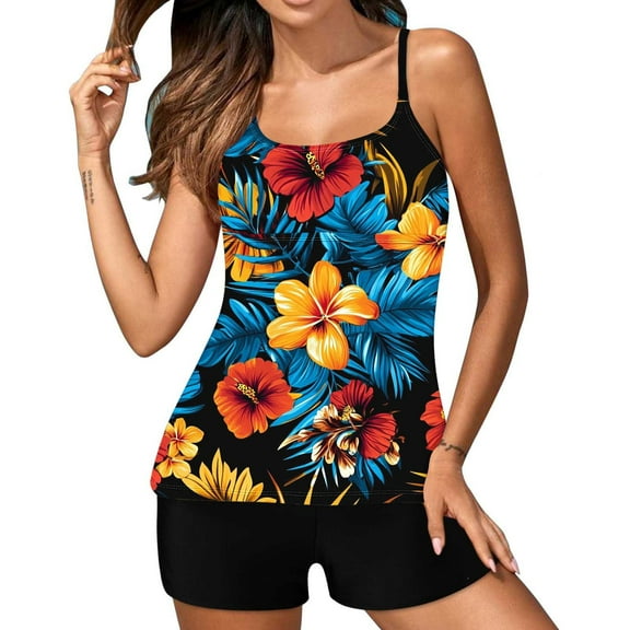 Brnmxoke Women's Tankini Swimsuits Plus Size 2 Piece Pattern Tummy Control Halter Top And Shorts Loose Fit Swimwear Bathing Suit Multicolor,XXL