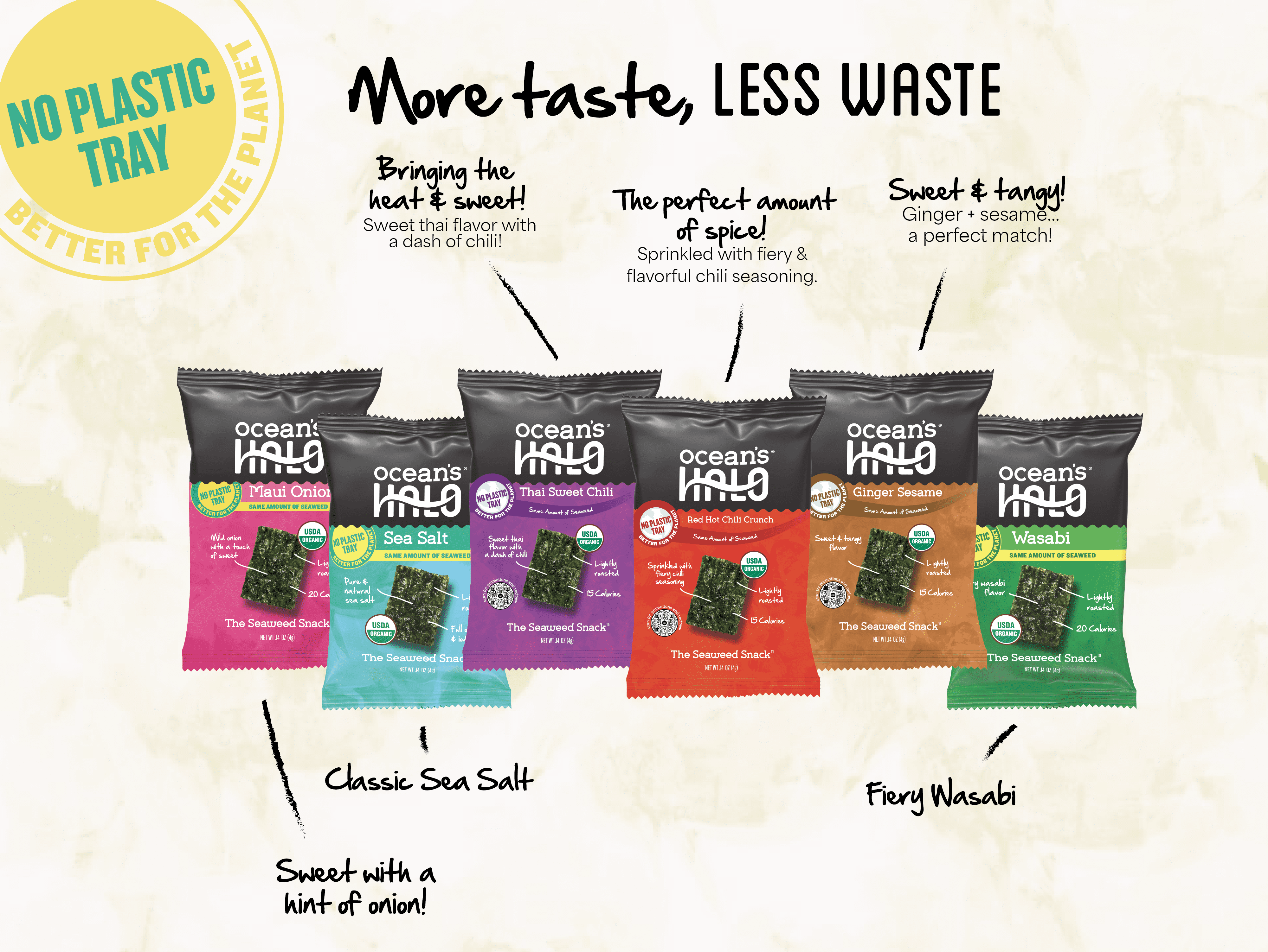 (10 pack) Ocean's Halo, Organic Trayless Seaweed Snack, Thai Sweet Chili, Vegan, Shelf-Stable Nori, No Plastic Tray, 0.14 oz