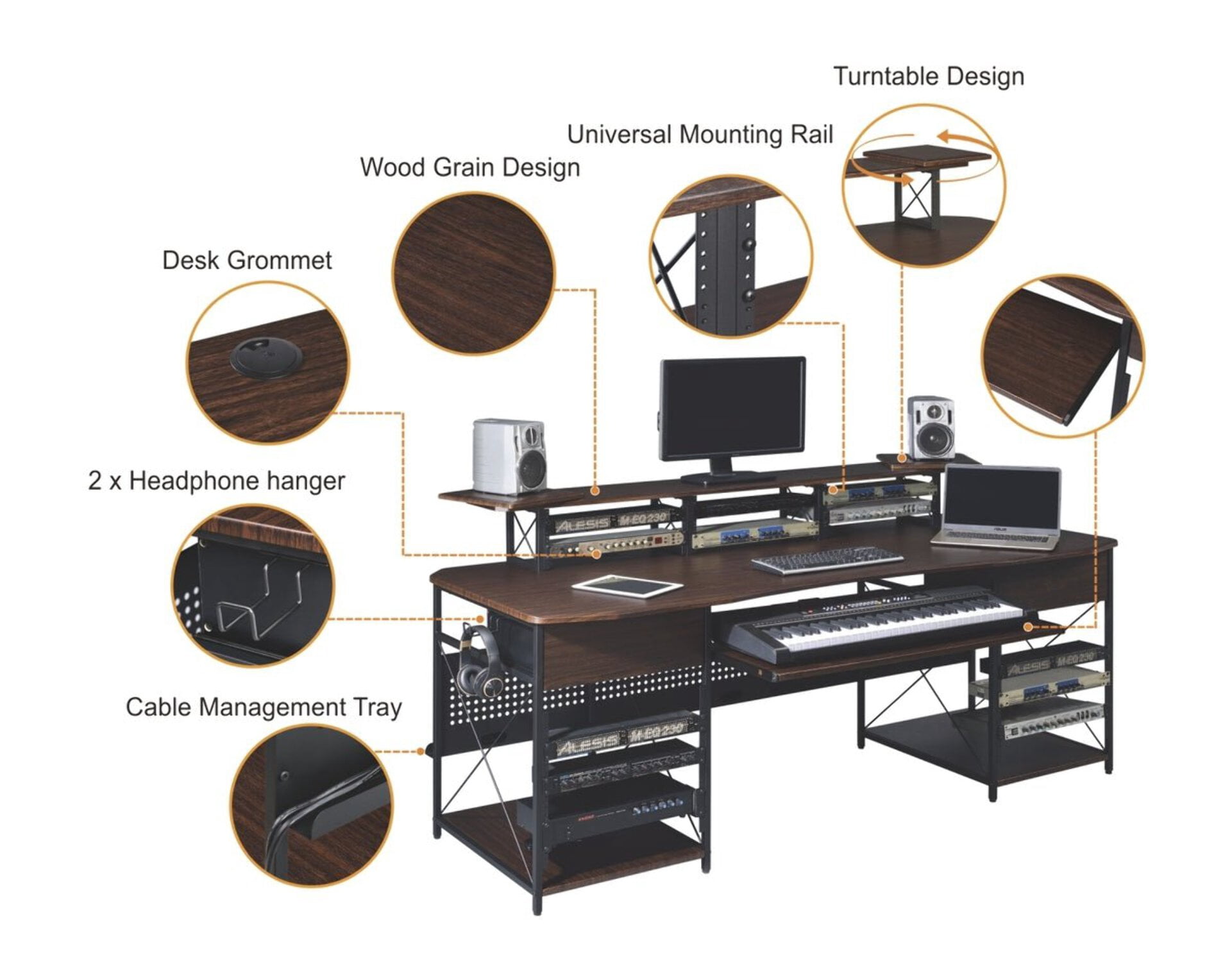 Musiea EX200 Series Pro Music Recording Studio Desk Workstation w/ 3 x 4U Rack and 2 x 9U Rack