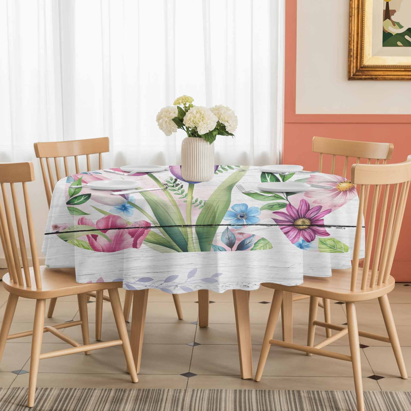 Round Tablecloth Happy Easter Waterproof Oil Proof Polyester Table Cloth Cover Decor for Home Dining Outdoor,Patio,Parties, 60" Dia. Spring Floral Rabbit Bunny Rustic Wood