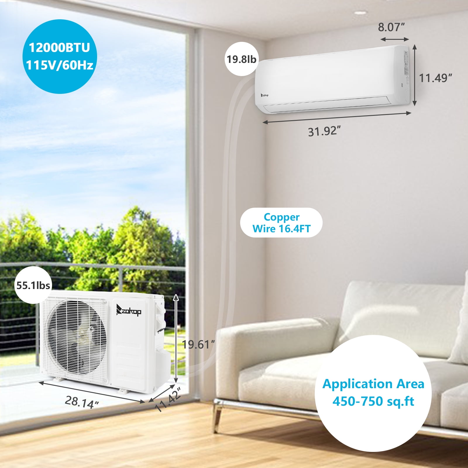 Zimtown 19 Seer 12000BTU Wifi Enabled Mini Split Air Conditioner Ductless Inverter System, 115V 60Hz Energy Efficient Unit With Heat Pump